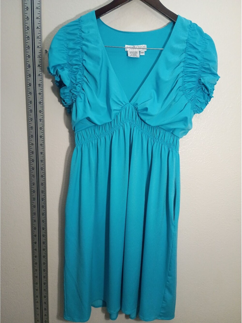 Maggy London Petite Turquoise Blue Dress Size 12P with Ruched Sleeves